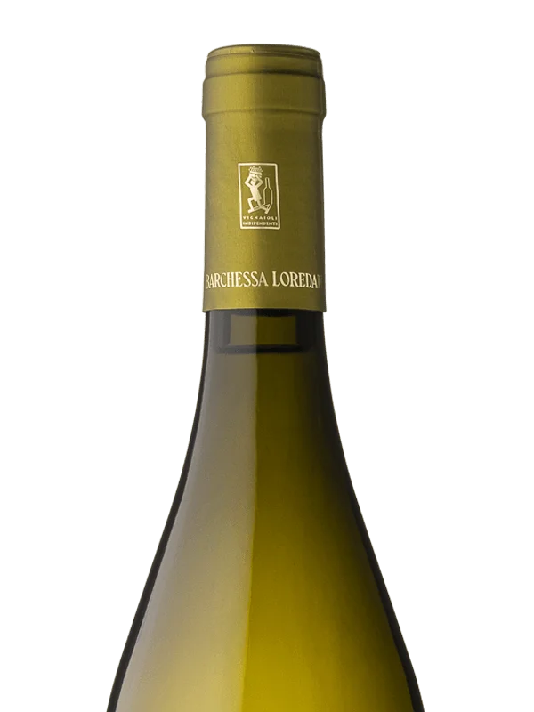 Collo della bottiglia di vino bianco Chardonnay IGT Marca Trevigiana prodotto da Cantina Barchessa Loredan a Volpago del Montello.